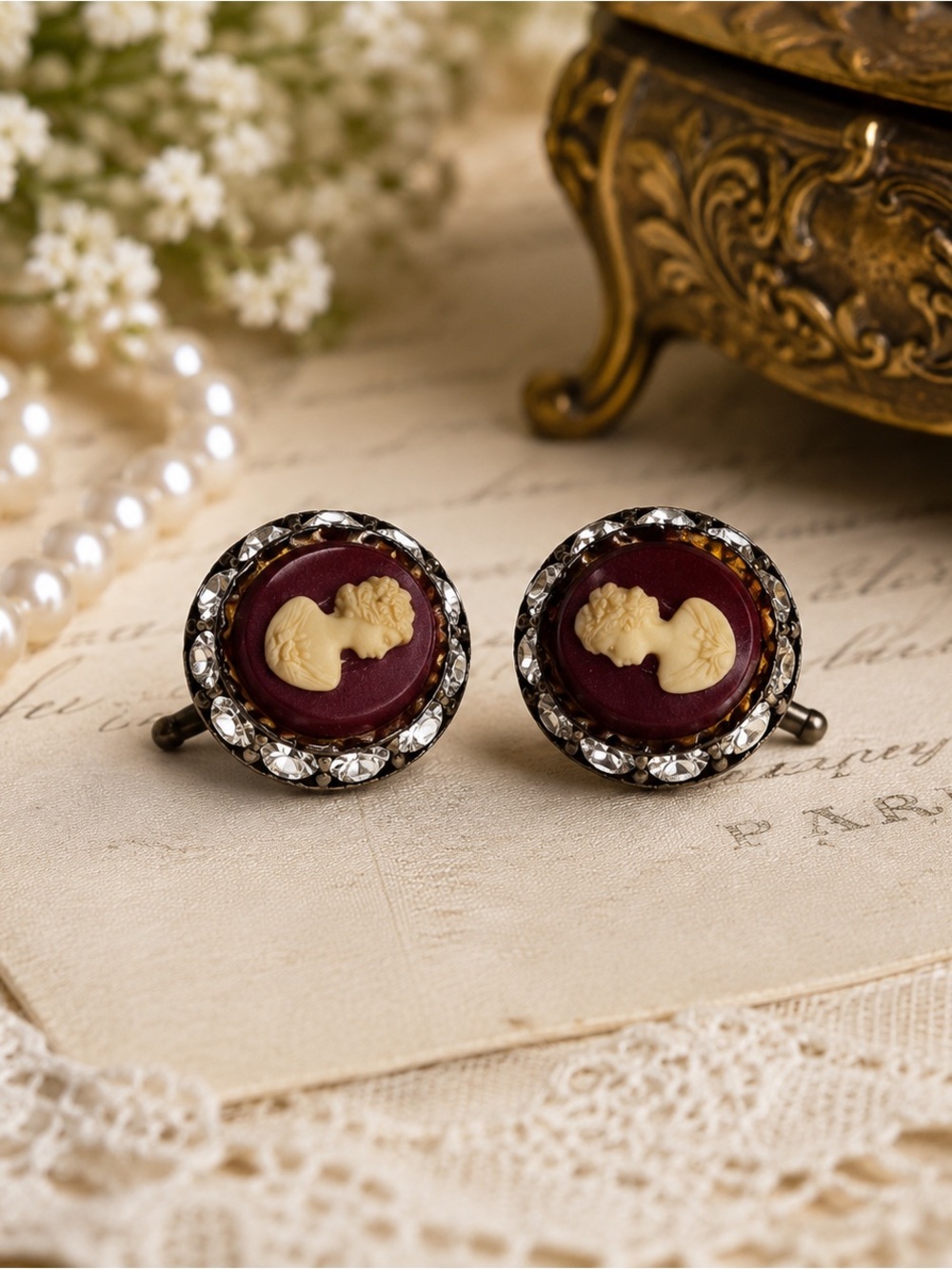 Vintage Garnet Lucite Woman Cameo Rhinestone Screw Back Earrings Victorian 1940s